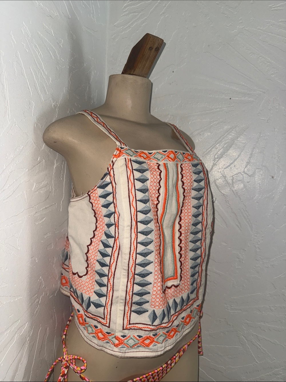 Anthropologie Ivory Embroidered Camisole with Orange & Blue Geometric Detail 10